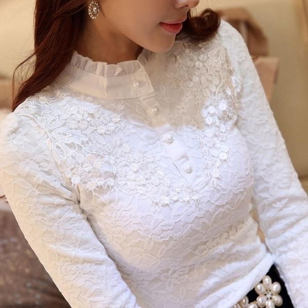 new women lace embroidery blouse feminine black lace primer long