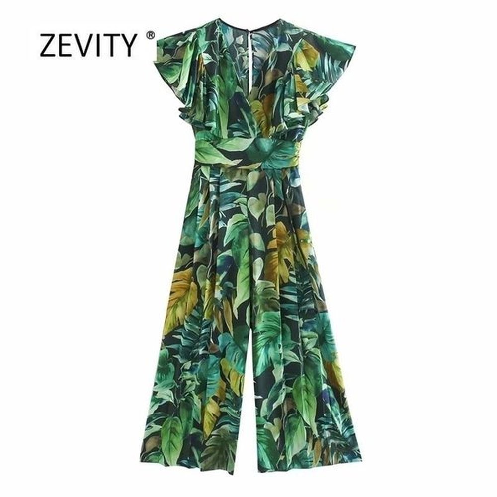 new women tropical green leaves print wide leg pants siamese