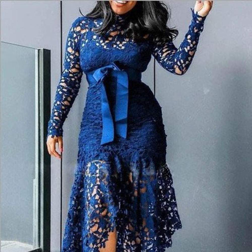 new womens lace hollow long sleeve stand collar tie
