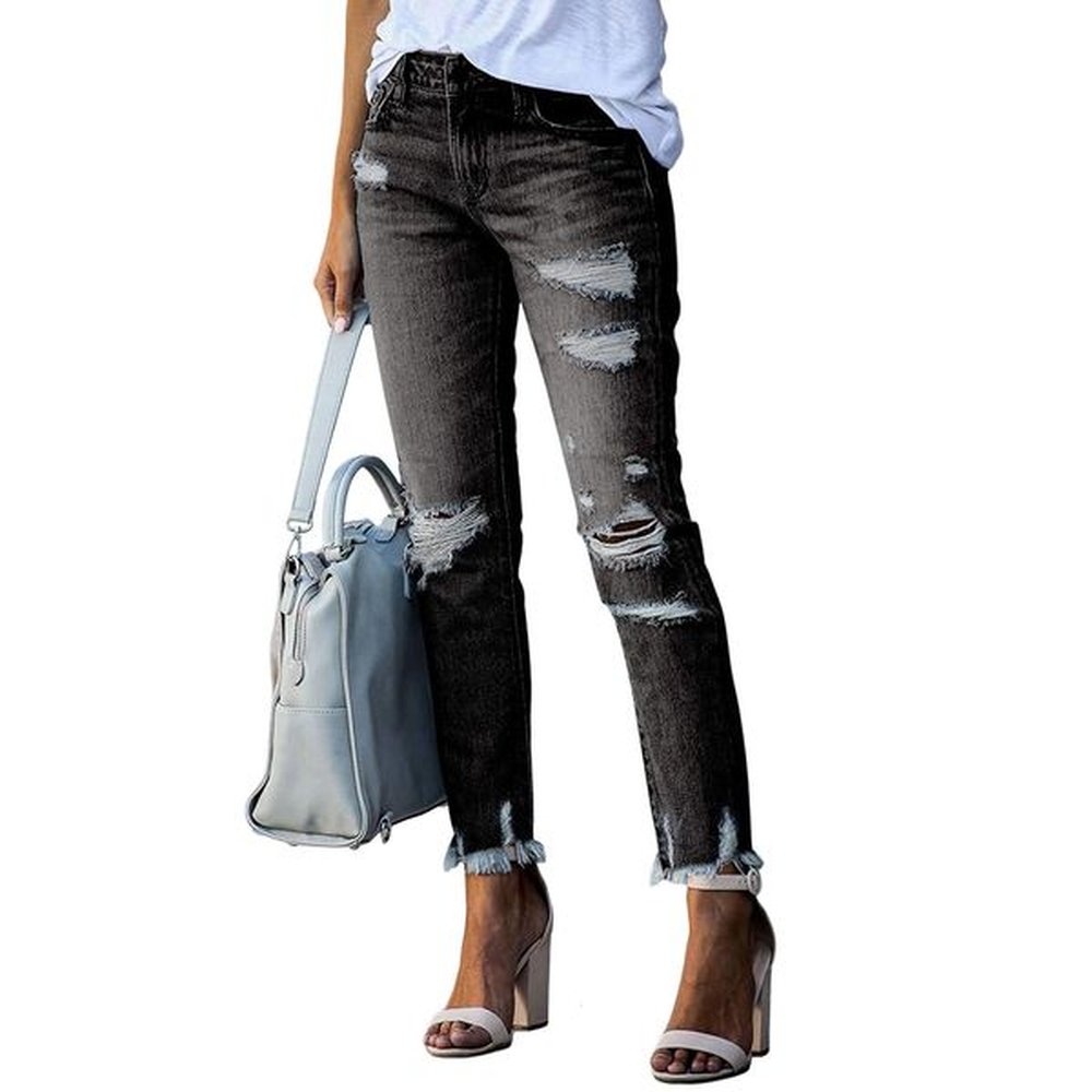 new womens tight versatile ripped ladies trendy and fashionable solid