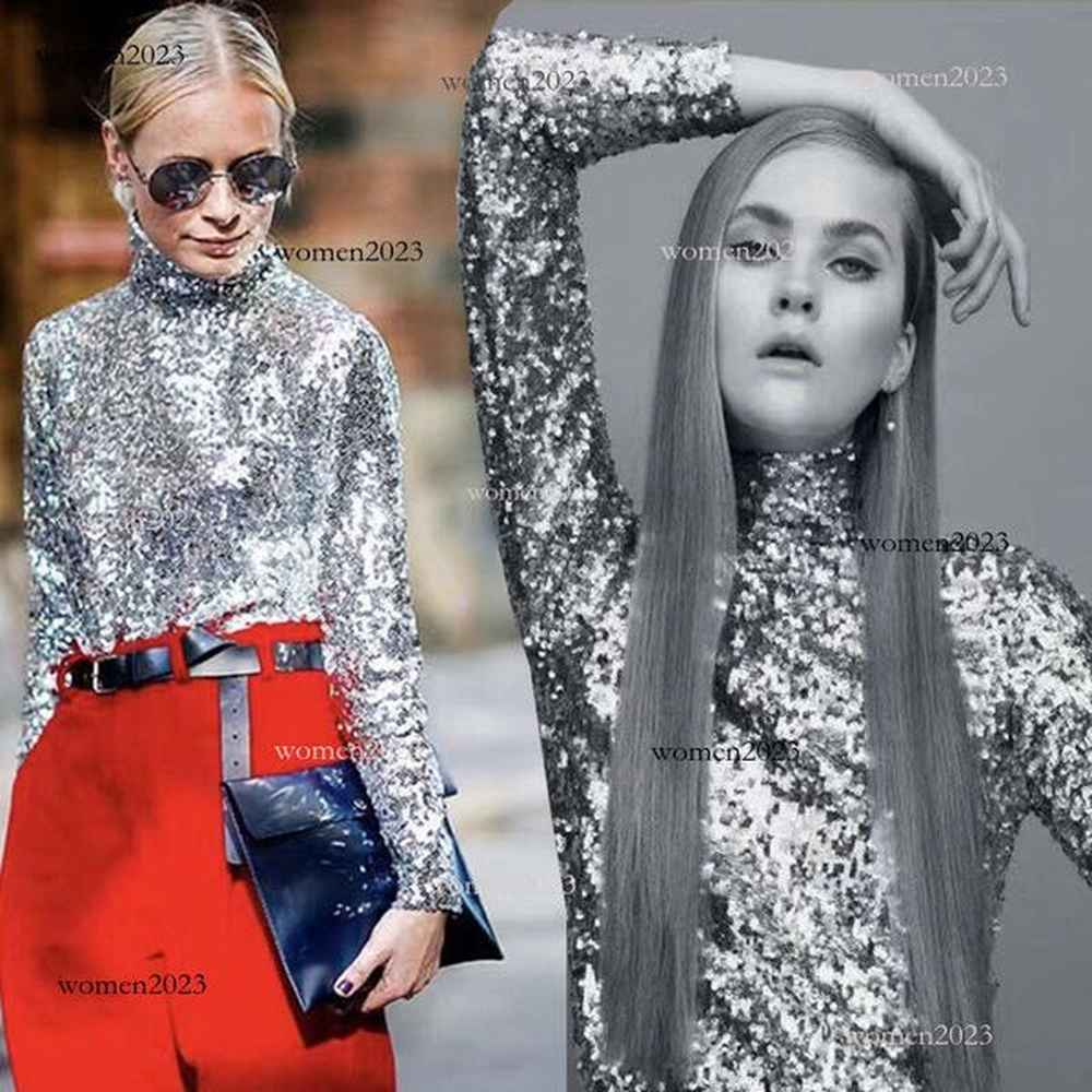 new womens underlay high collar versatile style sequin long