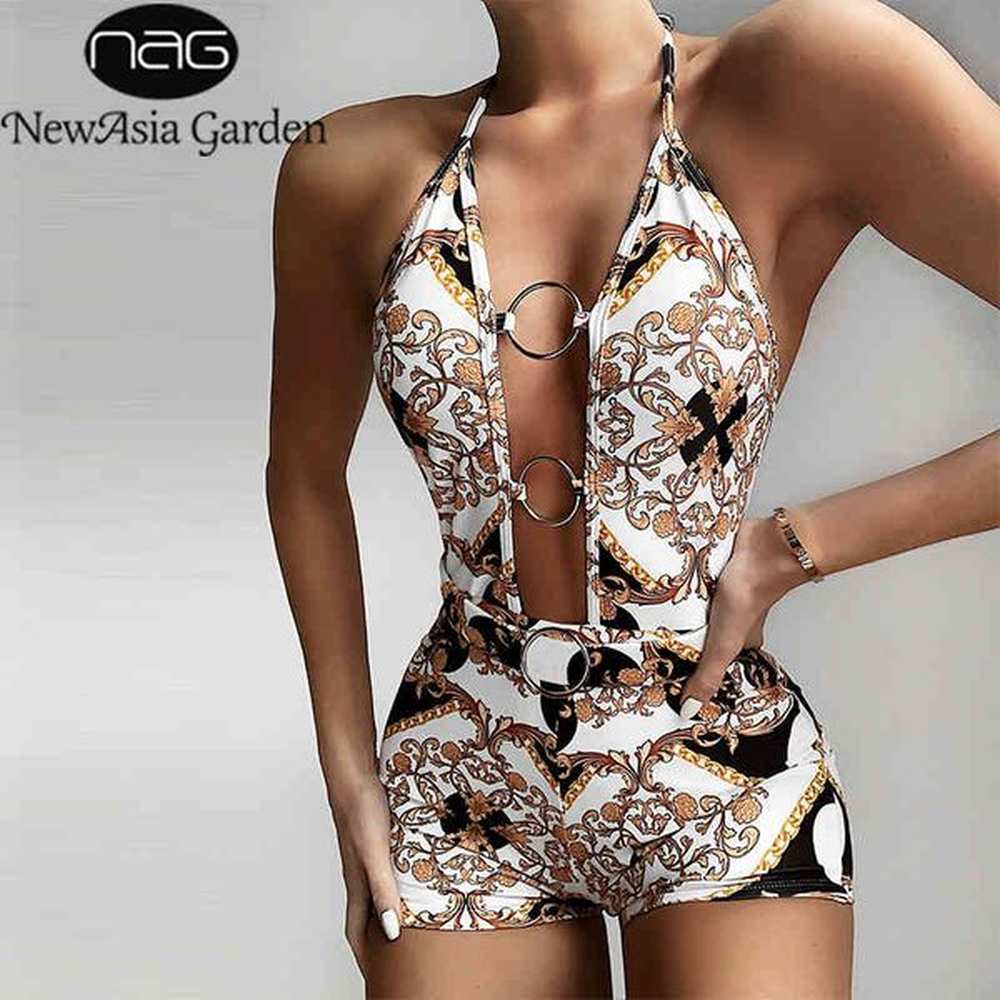 newasia printed hollow out one piece swimwear women string halter