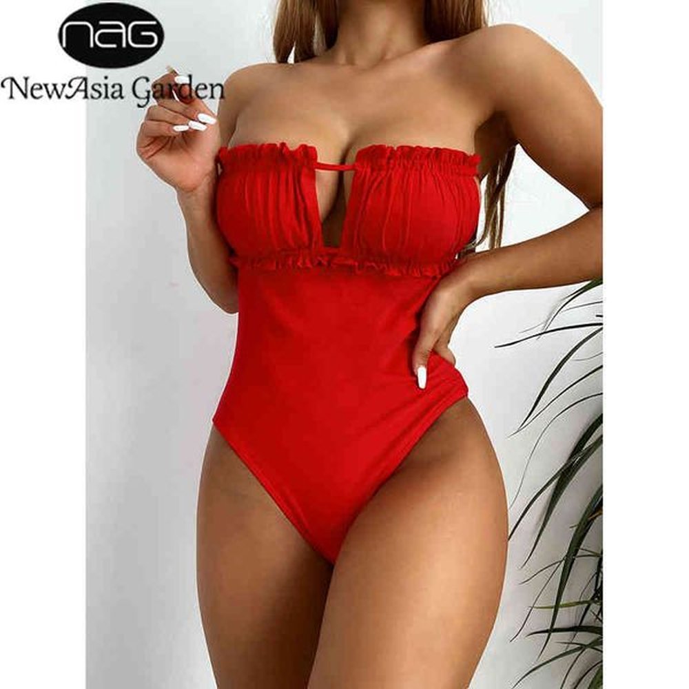 newasia red one piece swimsuit ruched backless tie up strapless