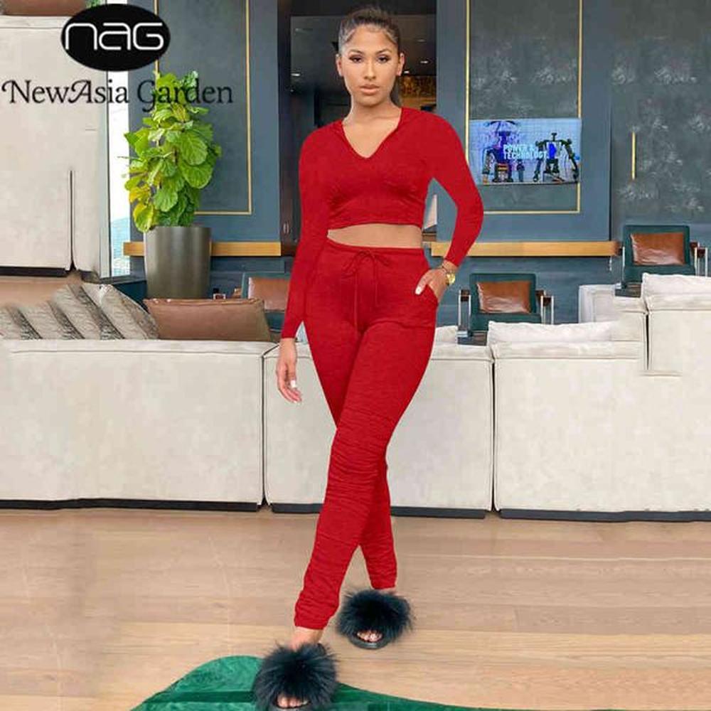newasia tracksuit women hoodie long sleeve crop top red bodycon