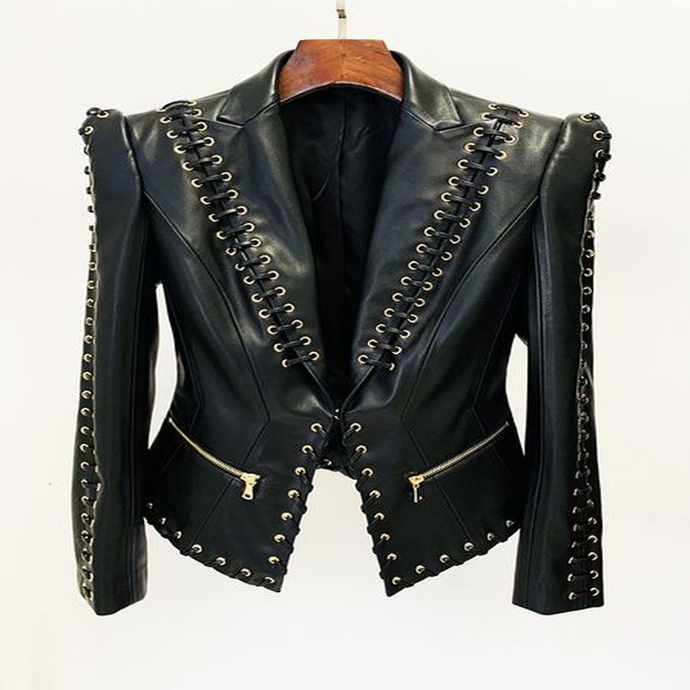 newest fashion designer jacket womens rope lacing up slim fitting