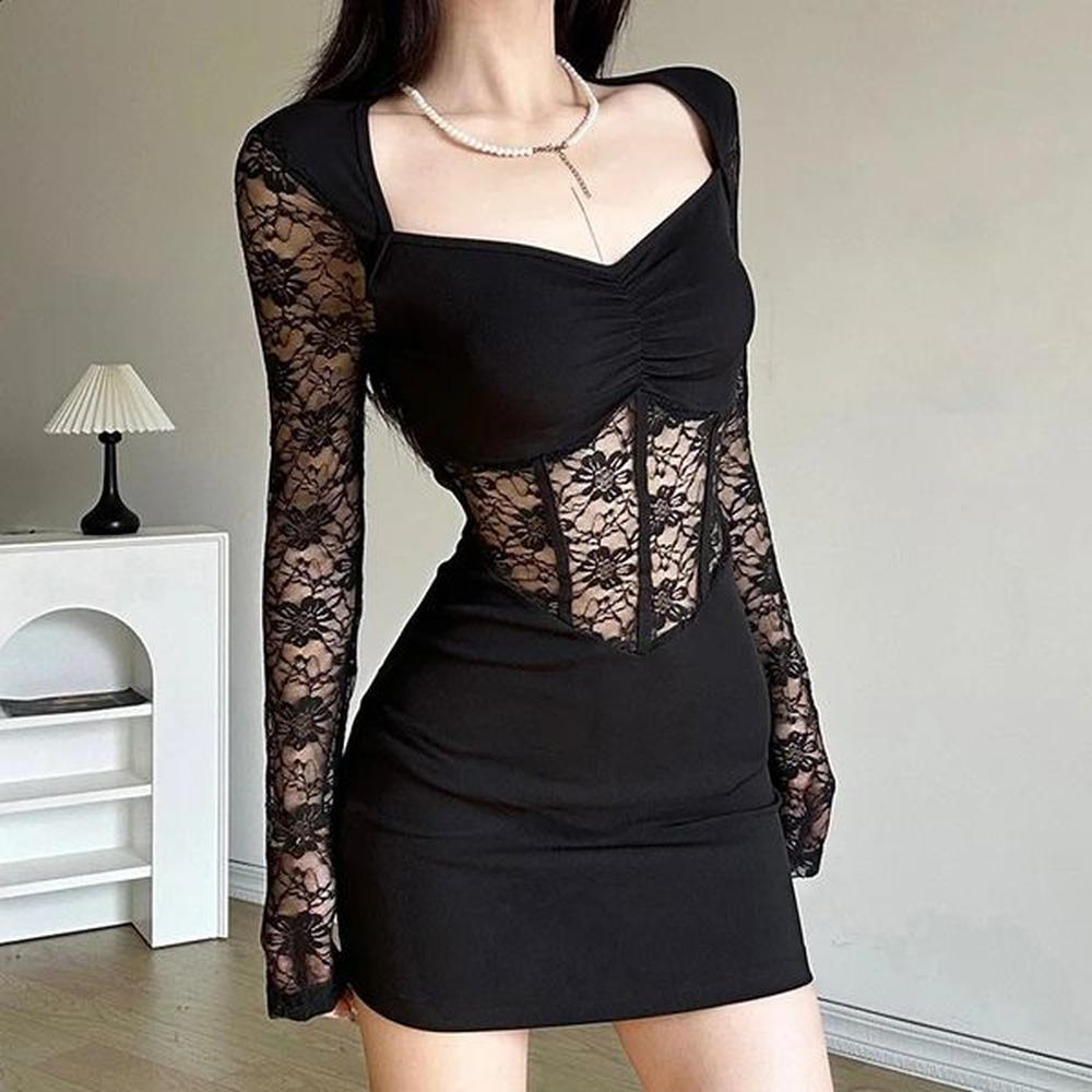 nibber black mysterious sexy lace stitching mature fishbone beautiful sweet