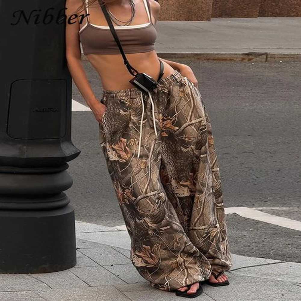 nibber foliage print wide pants women autumn vintage hipster yk