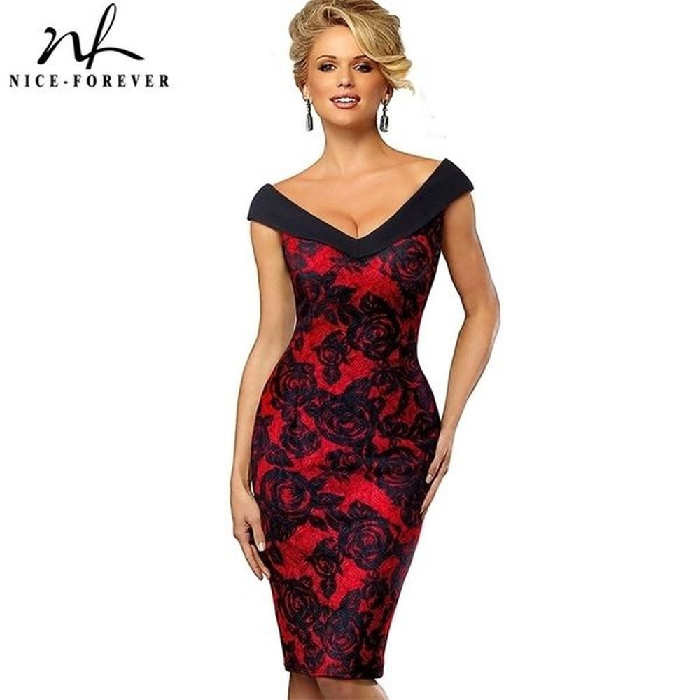 niceforever vintage contrast color elegant flower sexy off shoulder vestidos