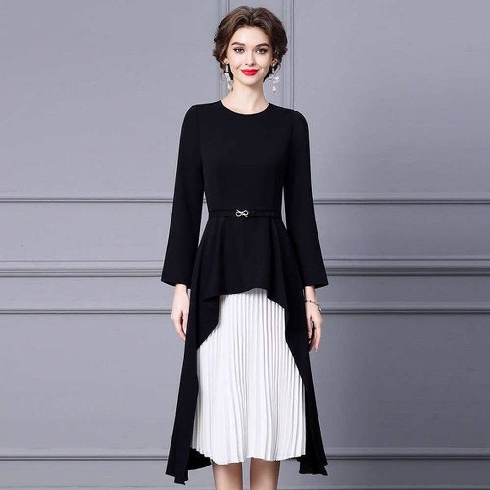 niche design sense black and white color blocked pleated skirt