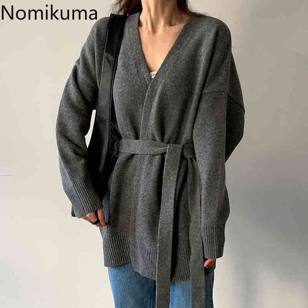 nomikuma autumn winter korean sweater coat causal belt slim waist