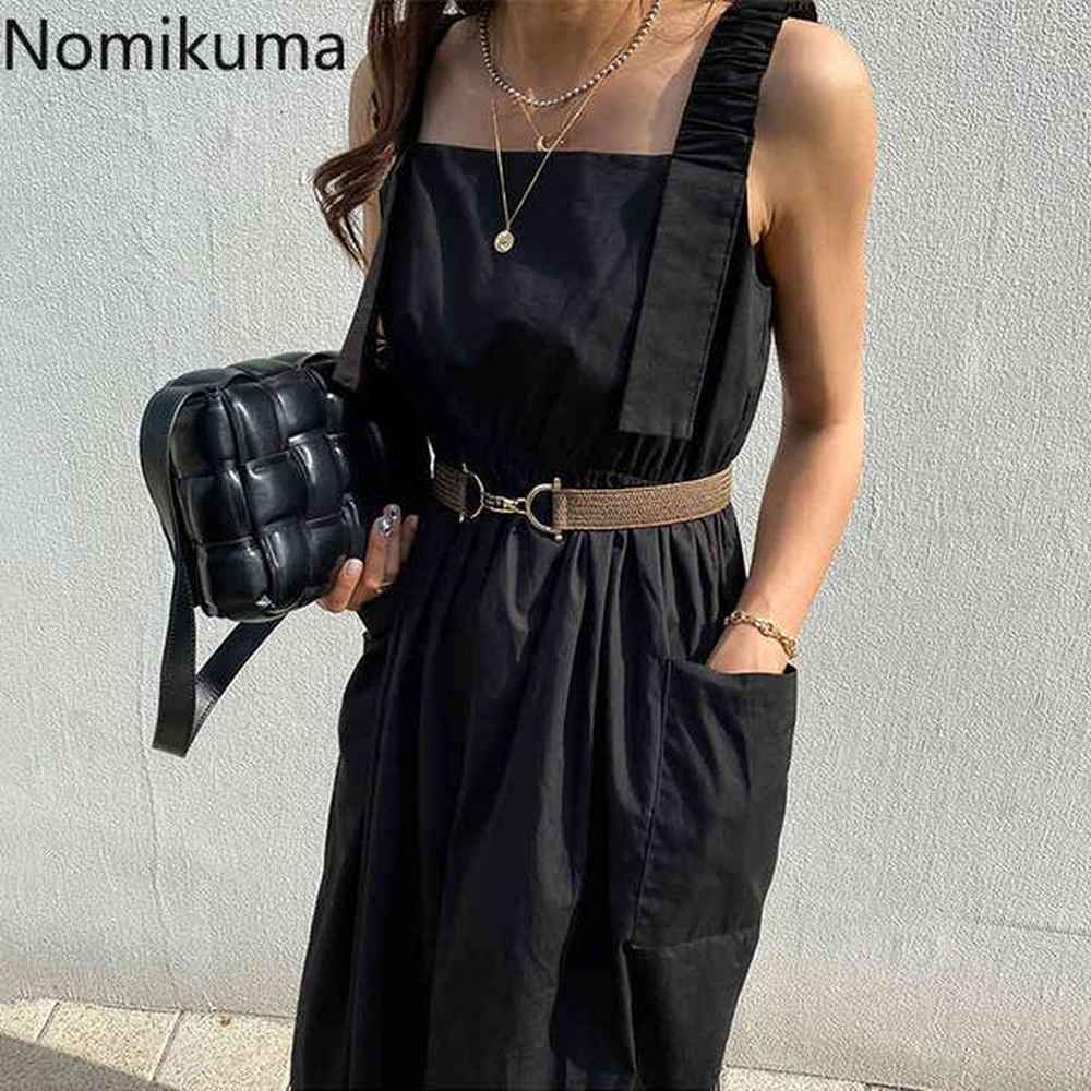 nomikuma korean pleated tank dress causal pockets aline vestidos femme