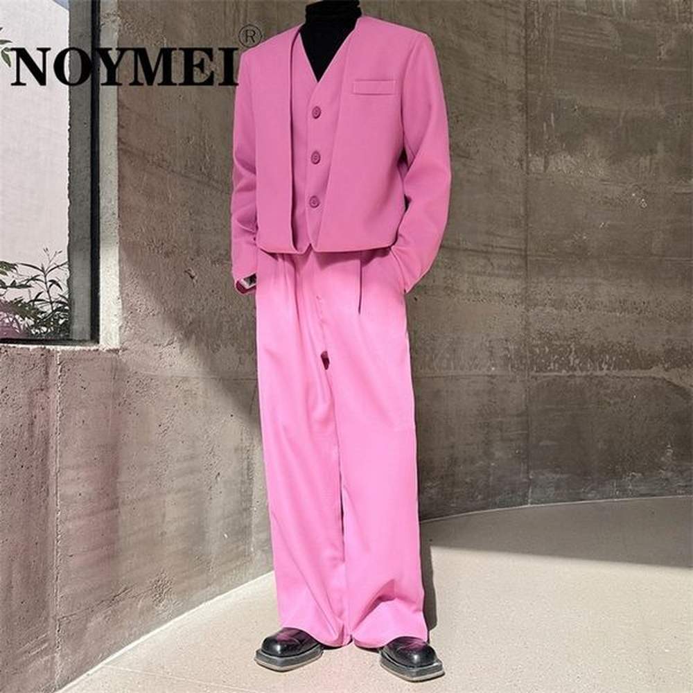 NOYMEI Spring Casual Pink False Two Pieces Short Blazer Straight Wide Leg Trousers Mens Fashion Bright Color Set 2024 WA3623 240820