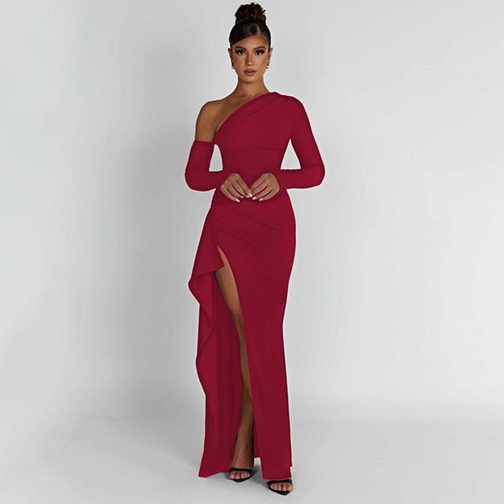 oblique shoulder thigh high split maxi dress women long sleeve
