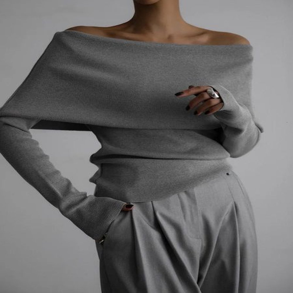 off shoulder women grey sweater knitwears top long sleeve pullovers