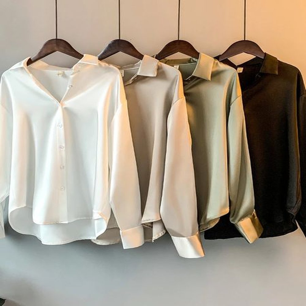 office lady long sleeve blouse women autumn overshirt satin