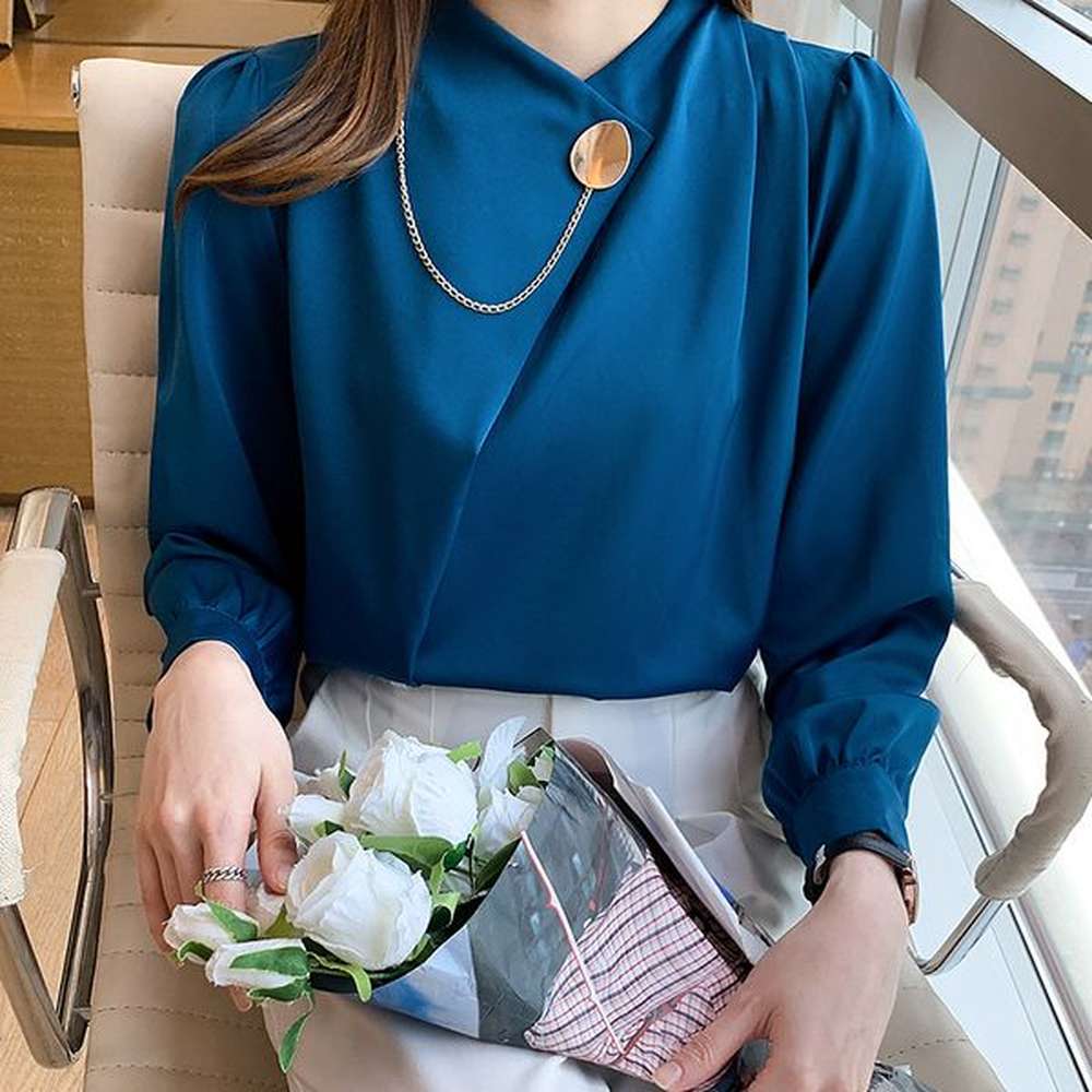 office lady stand collar solid shirts women elegant chiffon