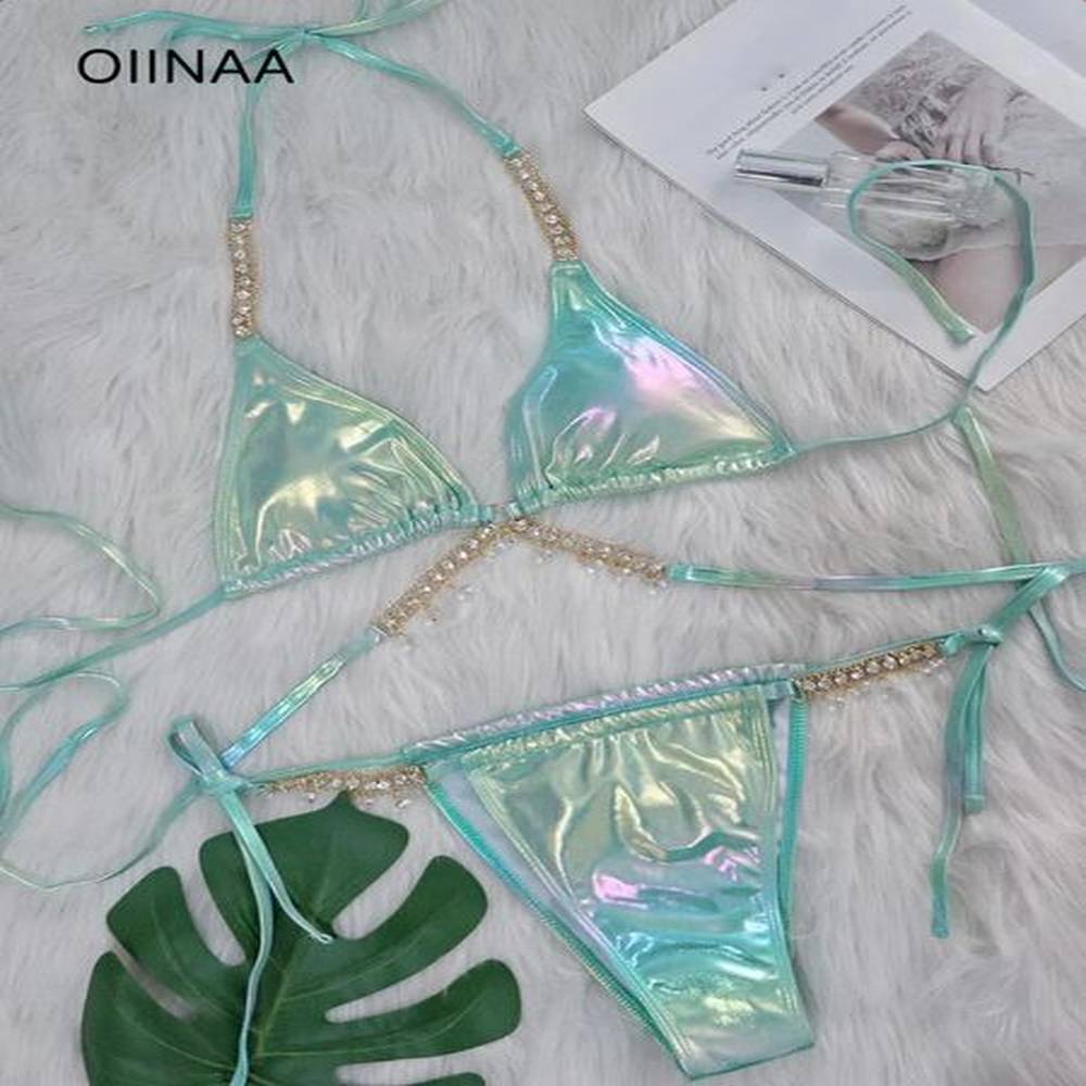 oiinaa womens swimsuit sexy solid flash bikini set diamond strap
