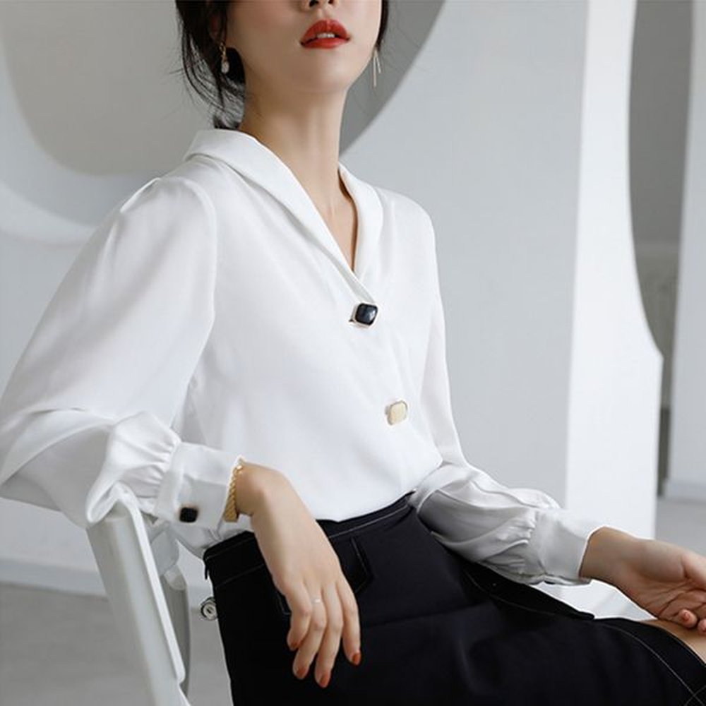 ol elegant career shirt autumn vneck solid longsleeved loose formal