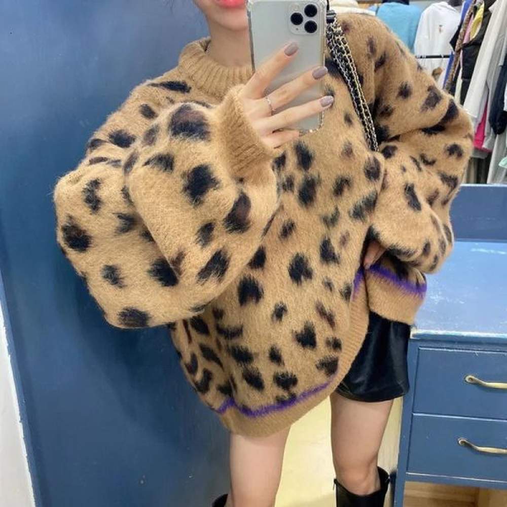 omchion suede loose jumper round neck leopard pattern jacquard knitted