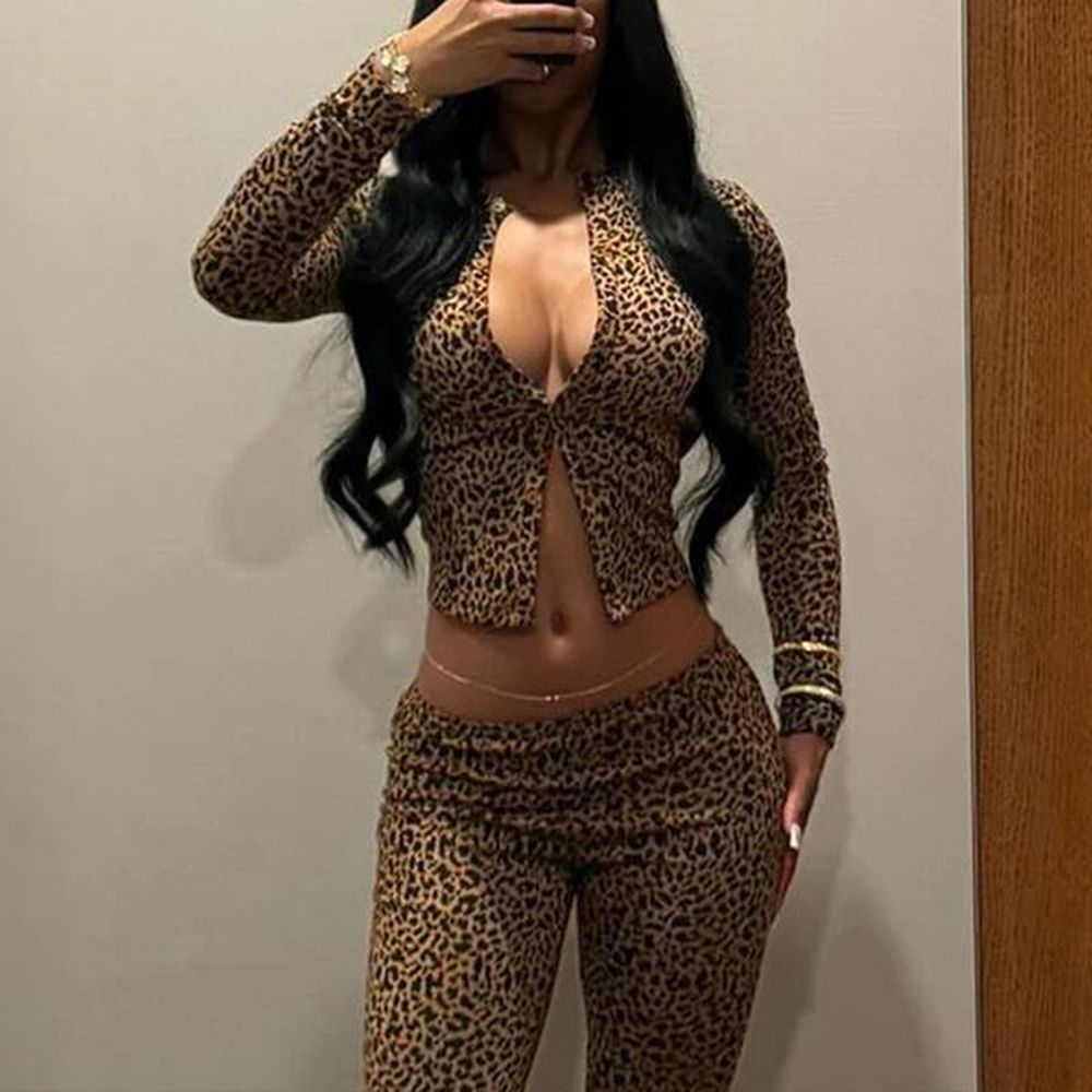 omsj autumn leopard printing long sleeve cardigan topskinny legging