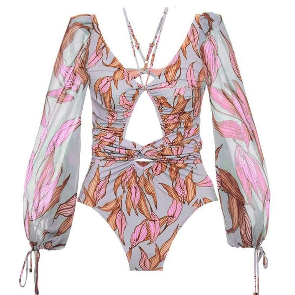 one piece swimsuit long sleeve swimwear women bandage print