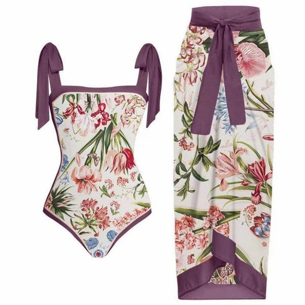 one piece swimsuit swimwear floral print colorblock skirt holiday beach