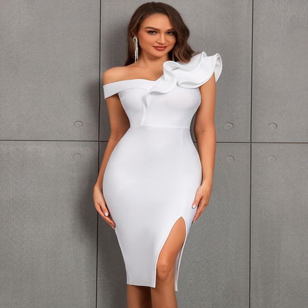 one shoulder ruffle split thigh bodycon midi elegant bandage dress