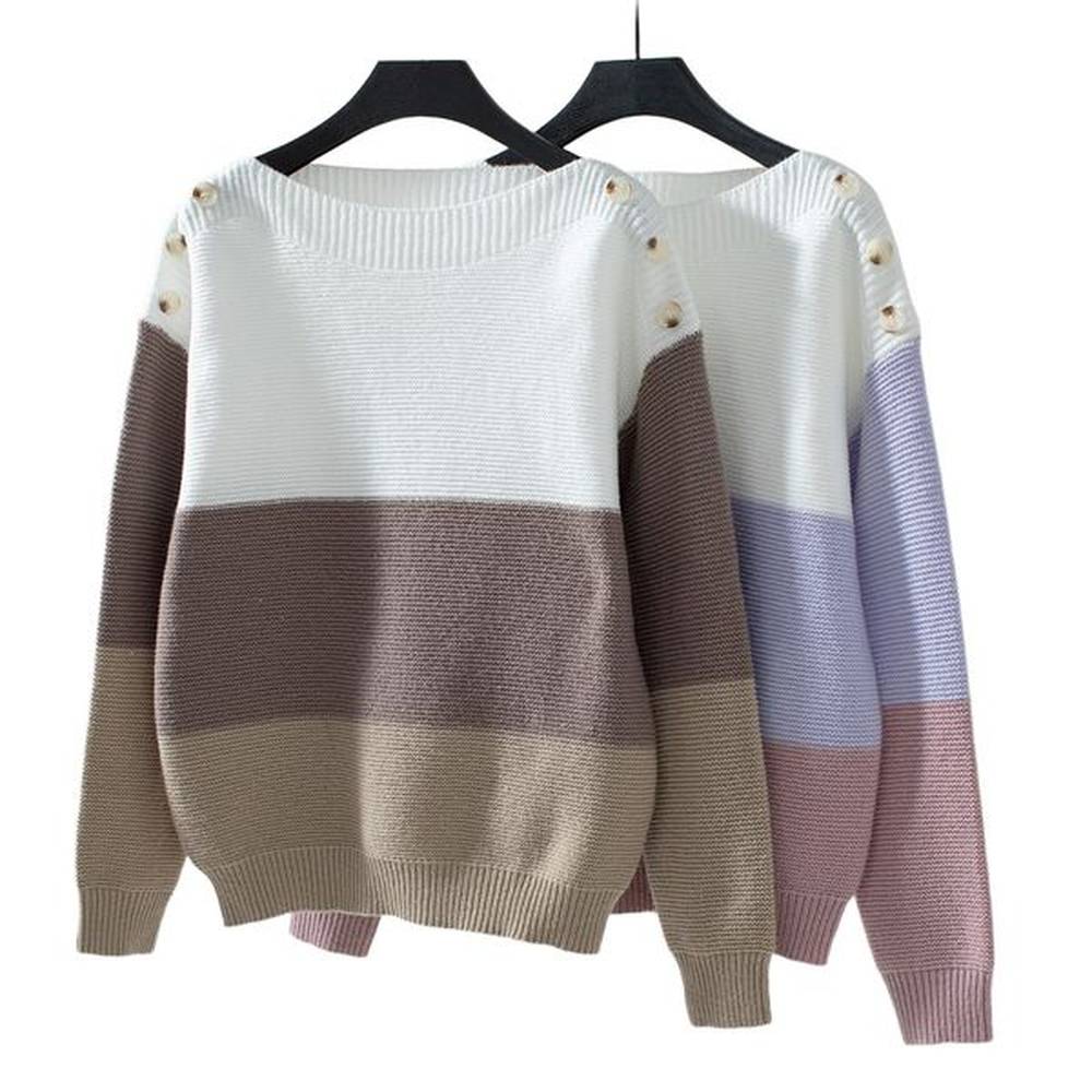 oneline collar sexy womens pullover knitwear button contrast color casual