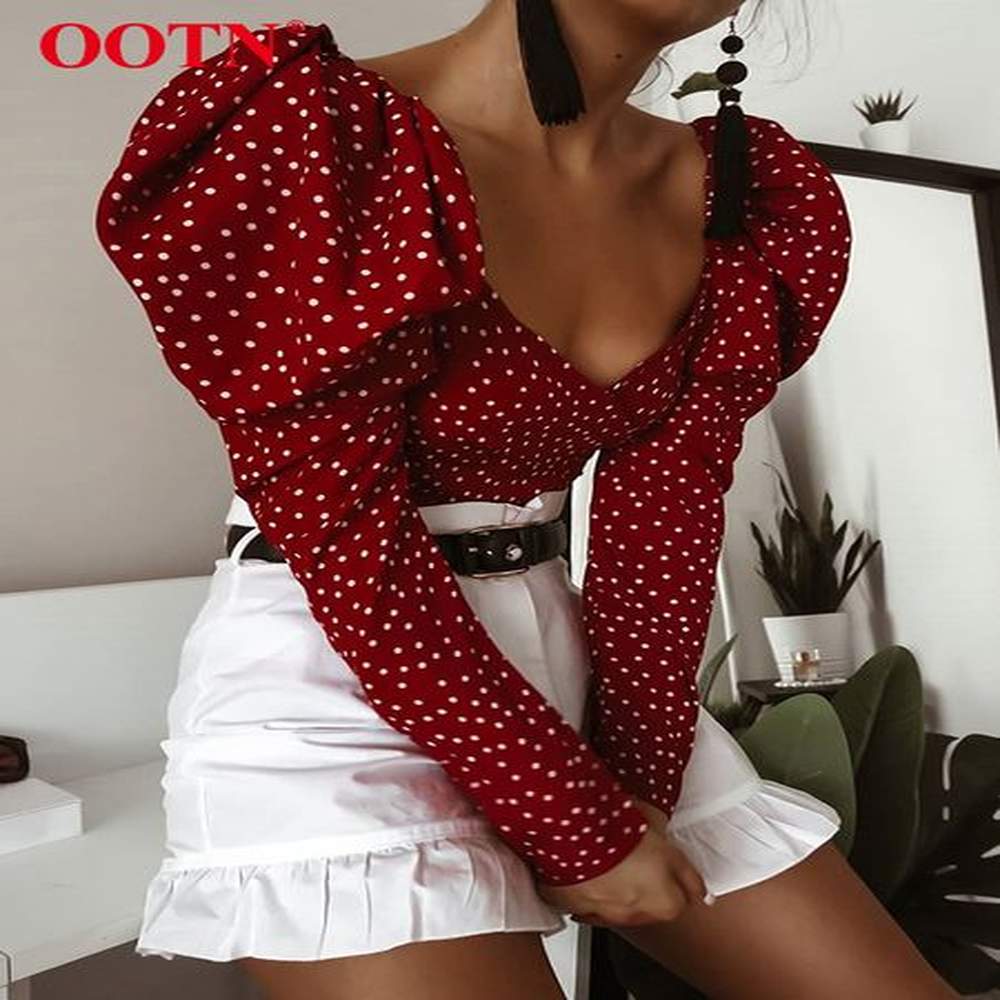 ootn vintage polka dot women puff long sleeve wrap top