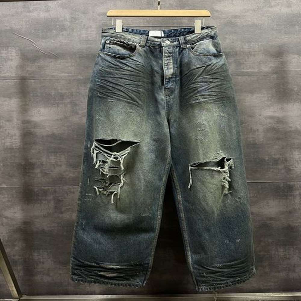 Original Bale Washed Loose Dyed Torn Dirty Jeans High Street Casual Denim Pants Men Hiphop Streetwear Causal