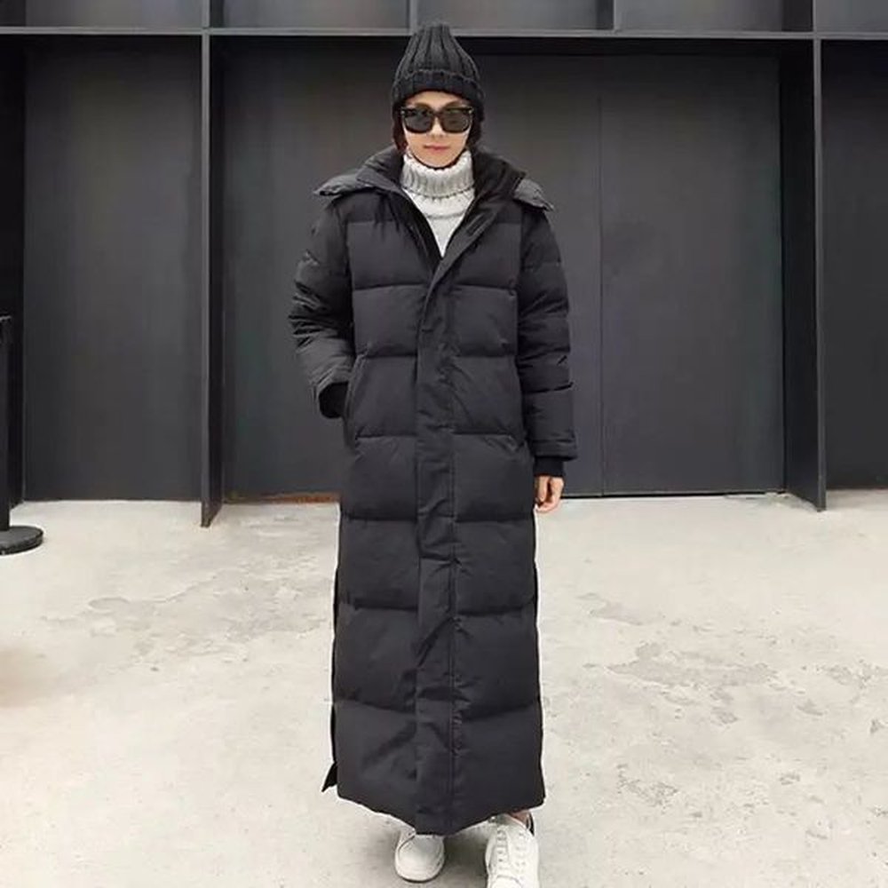 over knee down parka black extra long winter jacket for