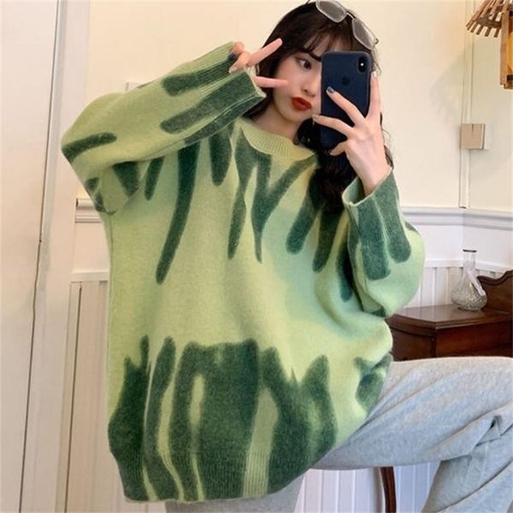 oversized sweater green pullover women knitted loose tops winter oneck