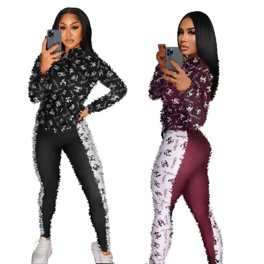 panelled two piece pants tracksuit women casual slim zipper jacket