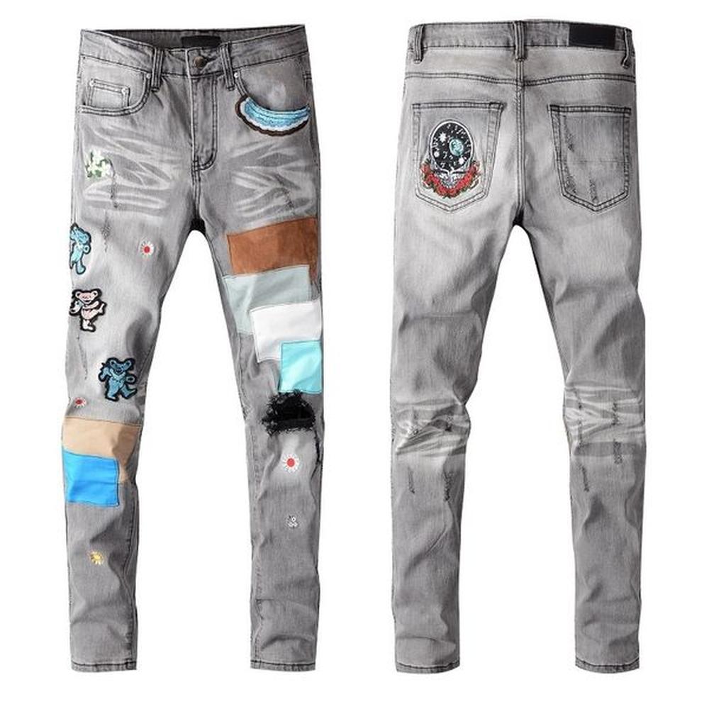 Pants for Mens Cartoon Patchwork Slim Denim Straight Biker Skinny Jeans Men Ripped Trouses