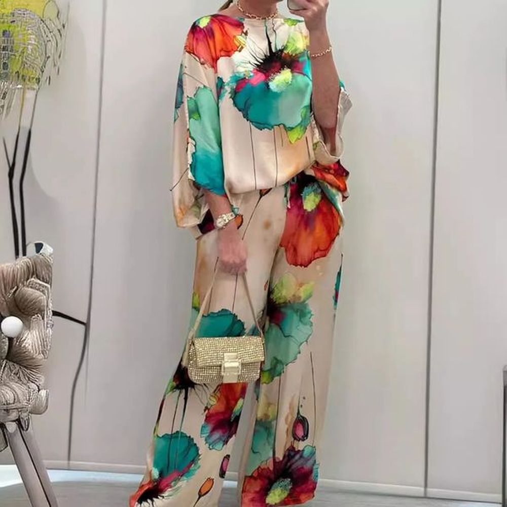 pants set womens satin print twopiece loose casual round neck