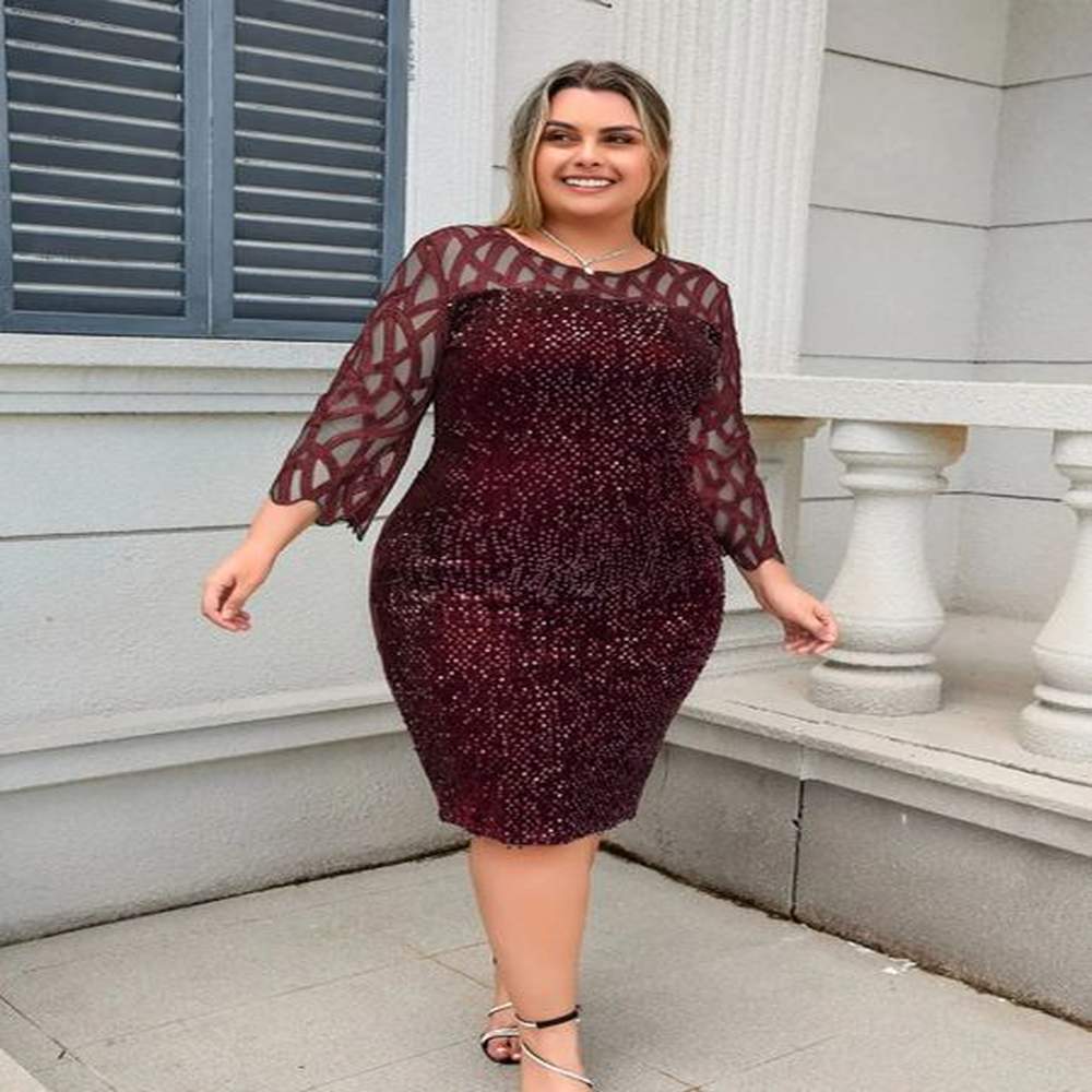 party dress plus size ladies midi sequin mesh long sleeve