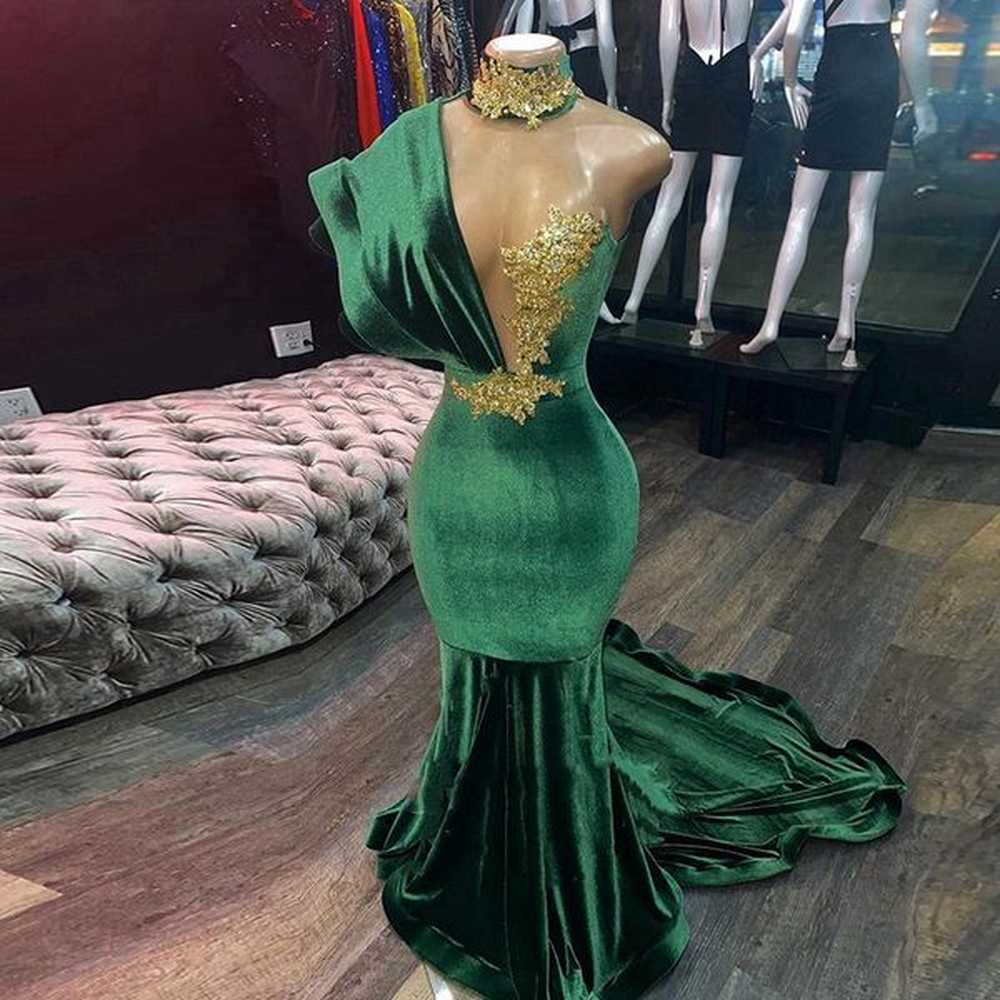 party dresses green evening high neck appliques gold lace mermaid