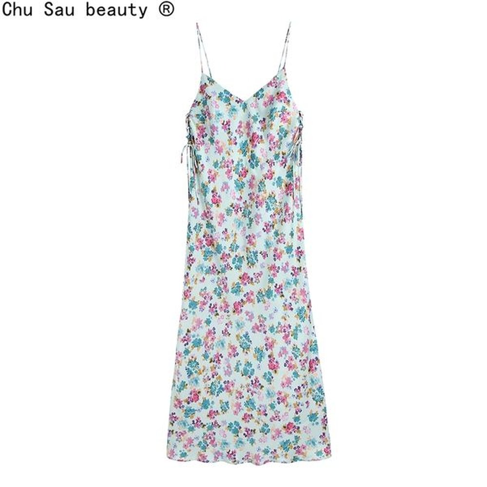 pastoral style floral print elastic backless dress summer drawstring pleated
