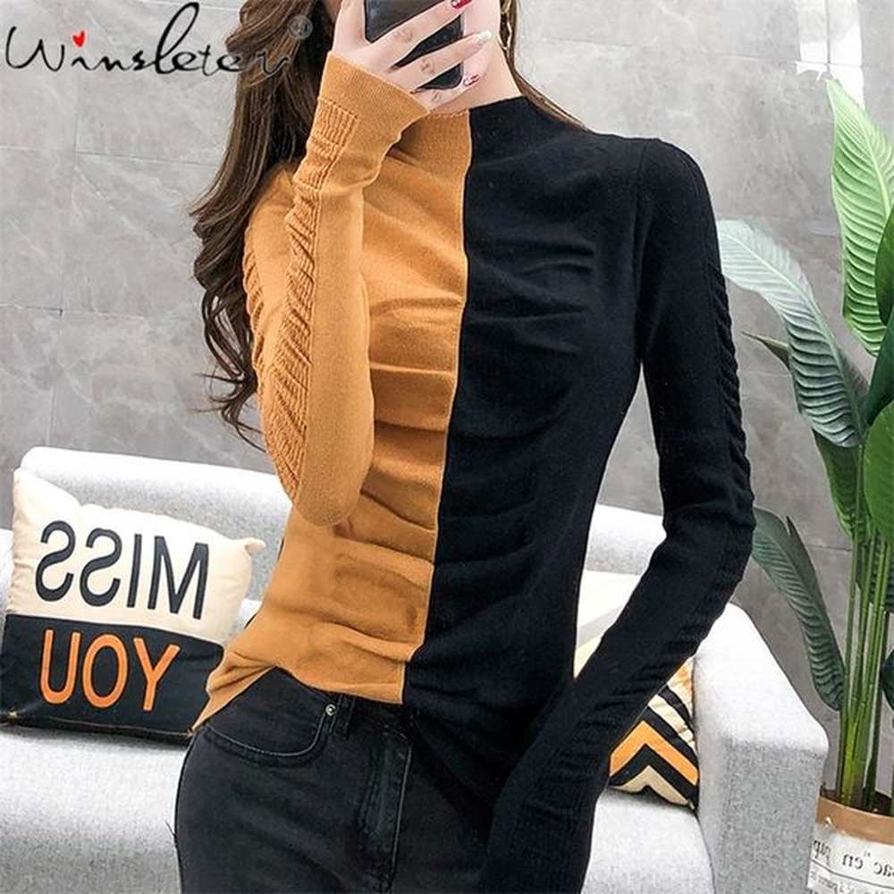 patchwork thicken knit sweater autumn winter fashion slim women turtleneck