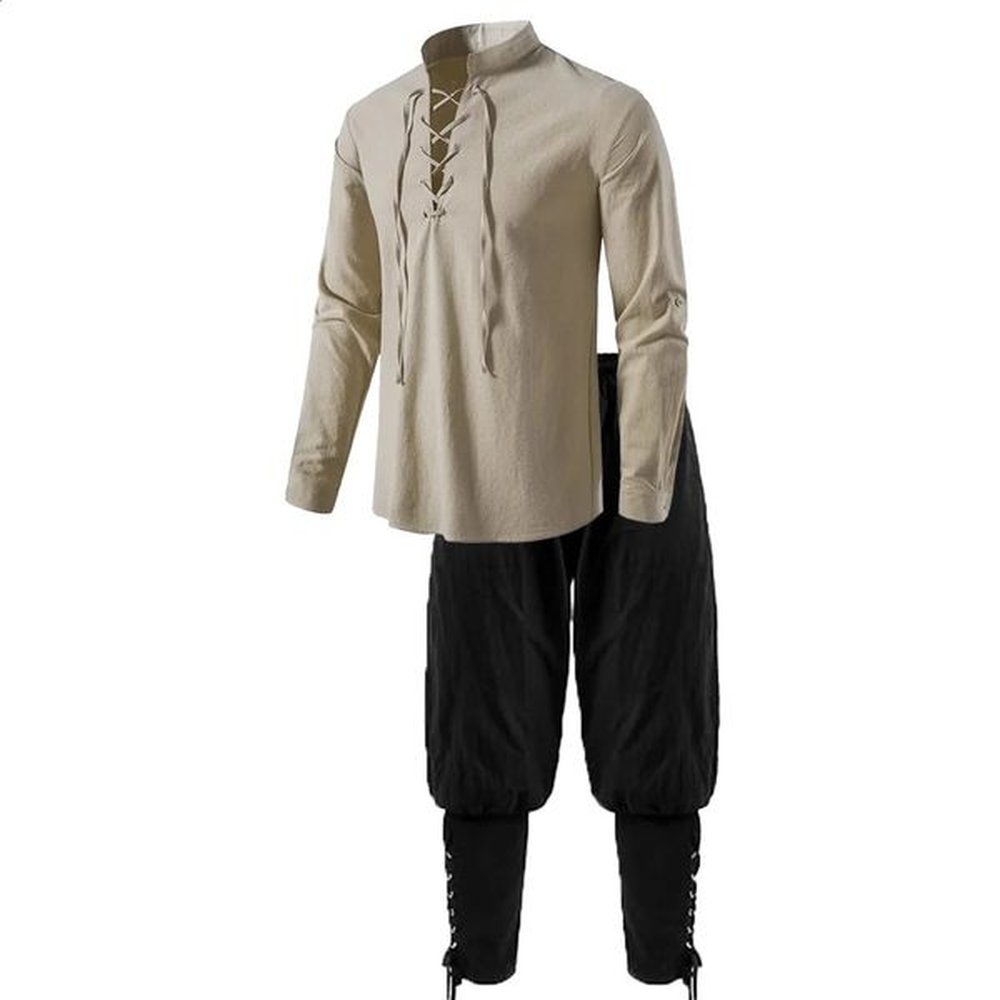 2PCS mens medieval knight costume set Renaissance cosplay pirate shirt ankle strap pants Halloween cotton linen fabric 241203