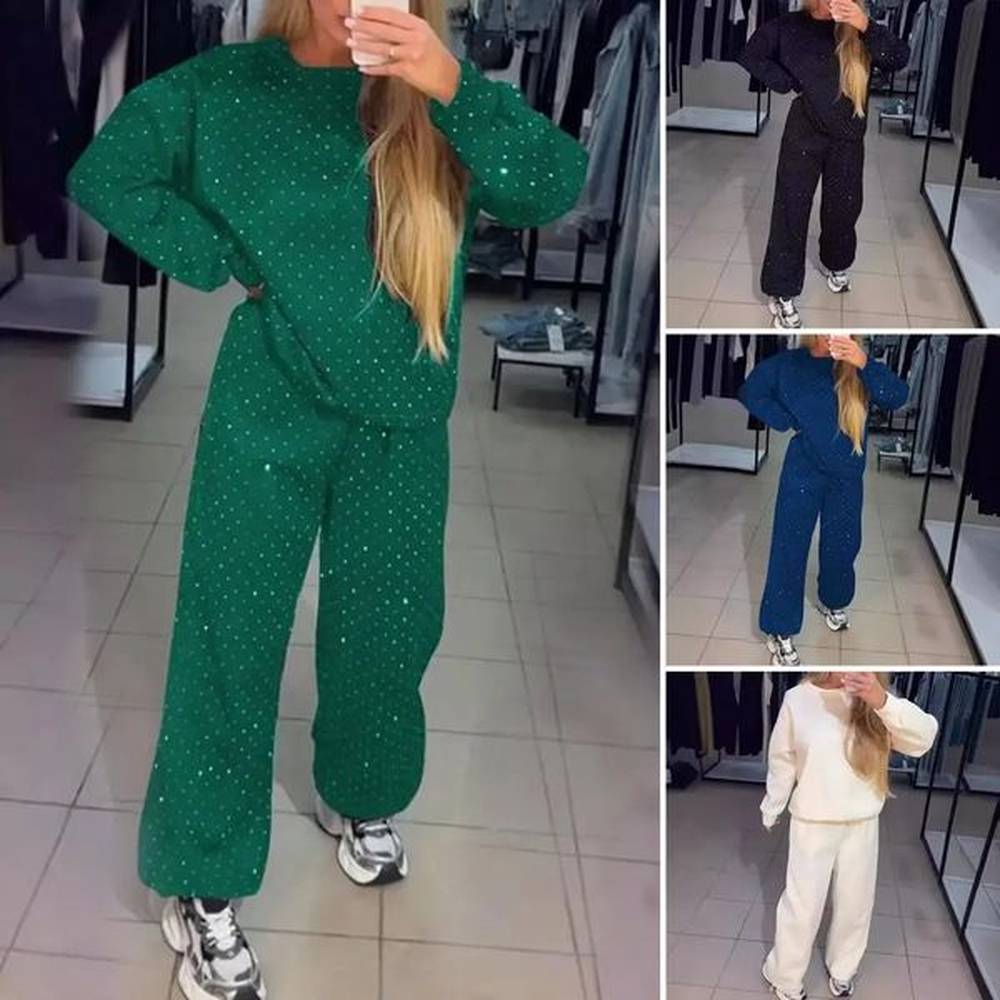 pcsset women top pants suit long sleeves rhinestone decor sweatshirt