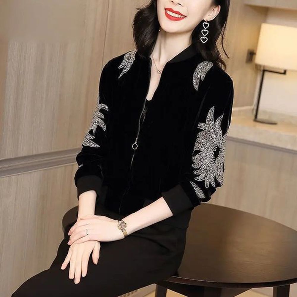 pearl embroidered gold velvet short jacket for women sequined black