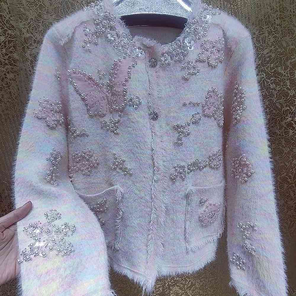 pearls beaded big butterfly embroidery sequined jacket crystal woolen tweed