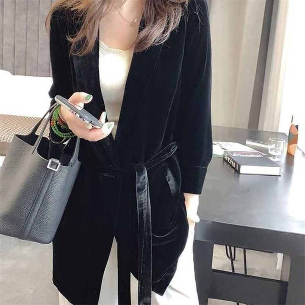 peonfly autumn womens velvet blazers jacket with sashes female notched
