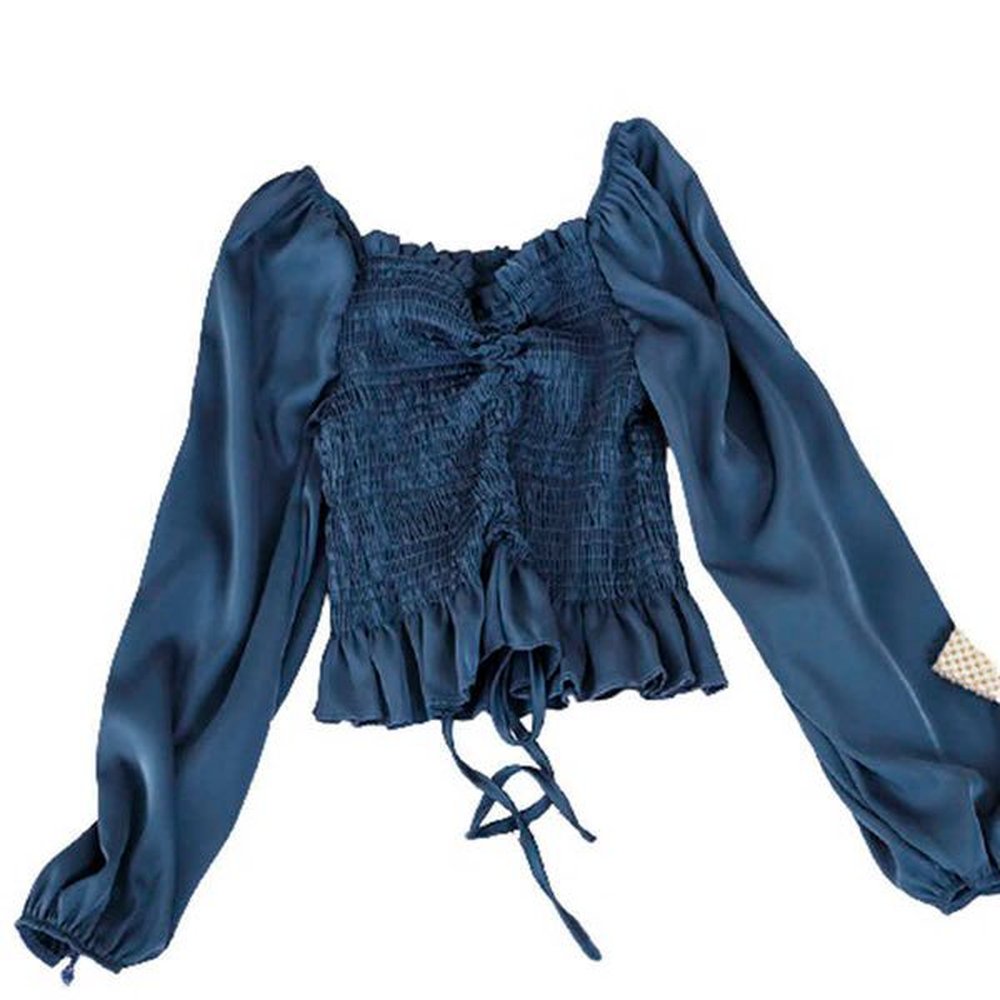 perhaps u women vneck pleated lantern sleeve drawstring blouse lasies