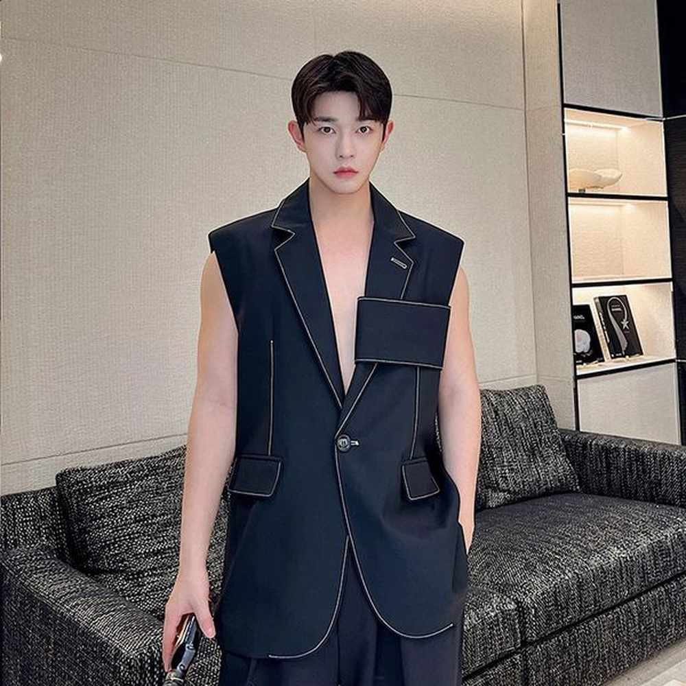Personality Korean Fashion n Long Suit Vest Mens Casual Waistcoat Chic Style Sleeveless Jacket Gilet Homme 241224