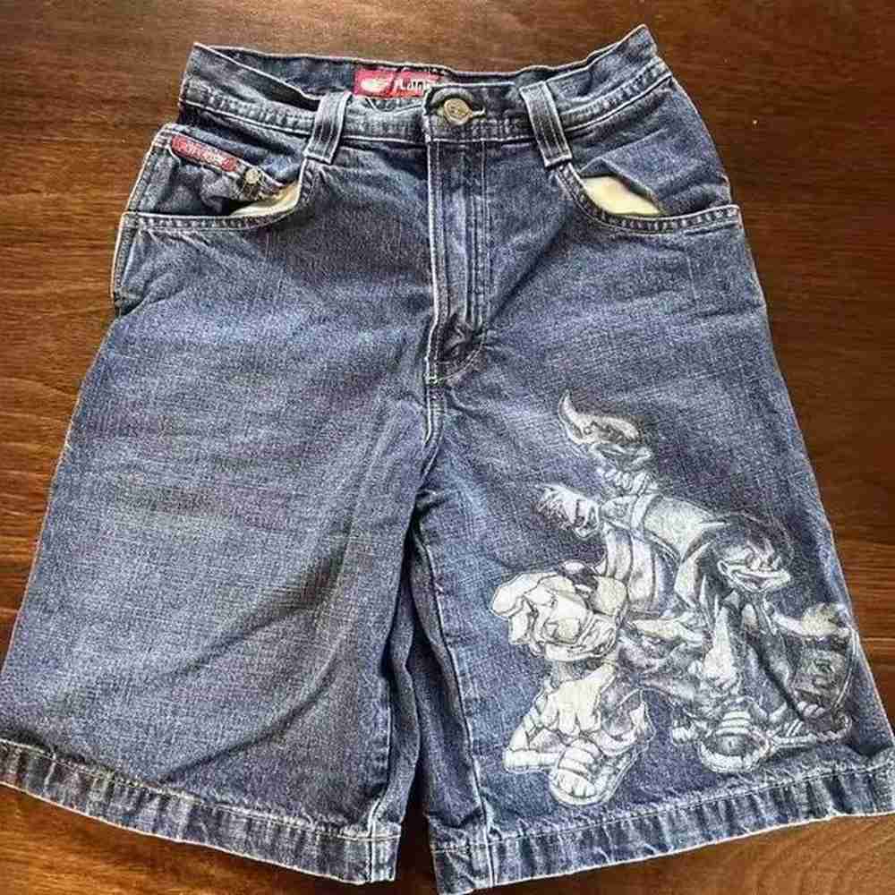Personalized graffiti print American retro street denim shorts casual loose old washed medium trousers men jeans pantsX240914