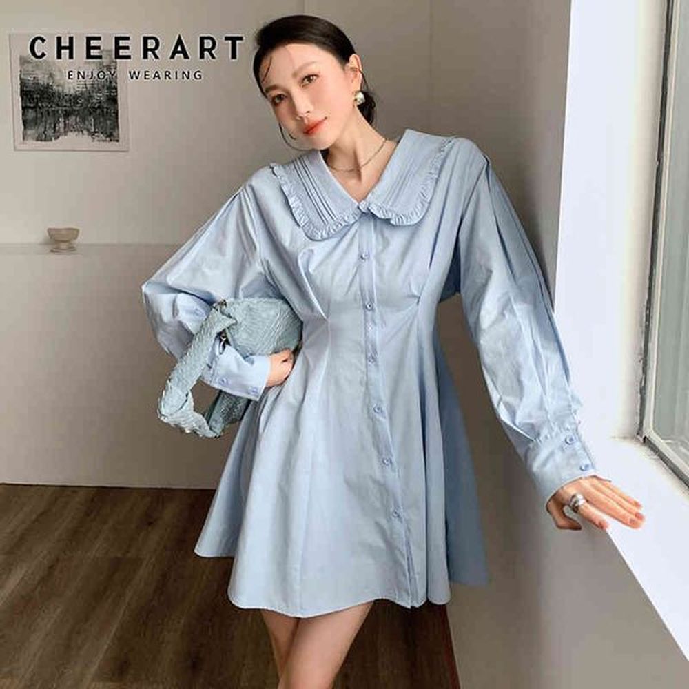 peter pan collar light blue button up casual dress women