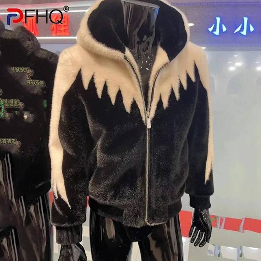 PFHQ winter mink hooded mens jacket one-piece casual jacket for warmth contrasting color long sleeved mens top 241107