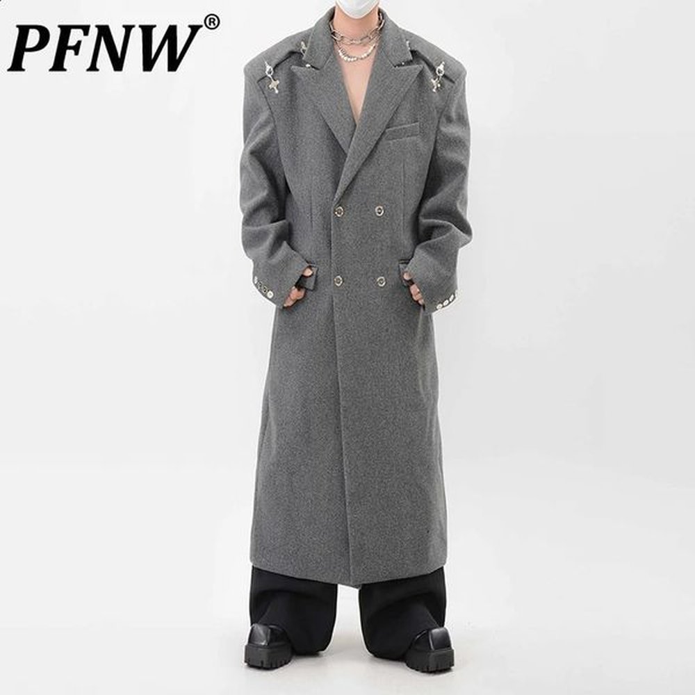 PFNW Deconstructed Metal Airplane Buckle n Tweed Coat Men Silhouette Kneelength Woolen Double Breasted Overcoat 241231